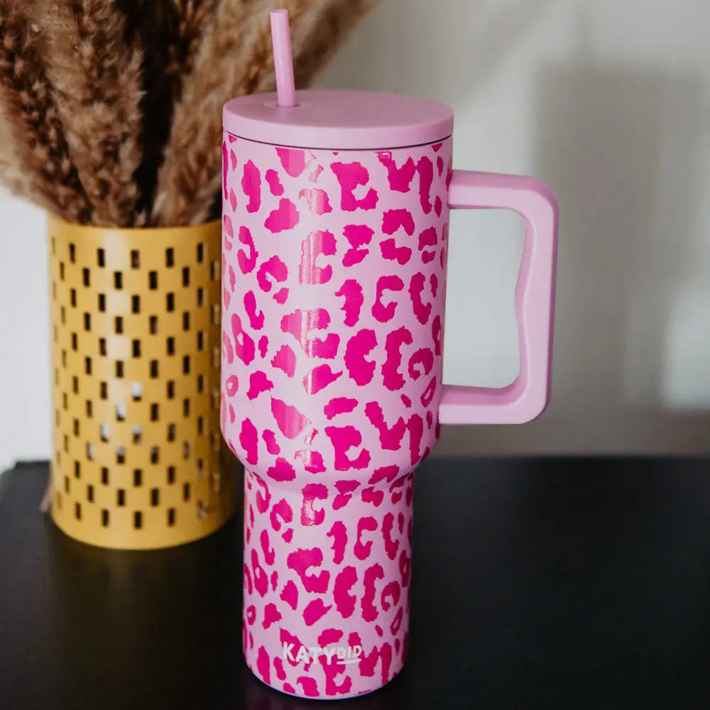 Pink Leopard Insulated Tumbler Cup w/ Handle