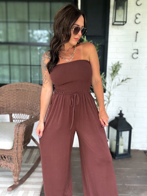 Little Too Late Smocked Jumpsuit - Espresso