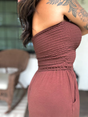 Little Too Late Smocked Jumpsuit - Espresso
