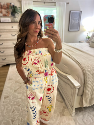 Shelby Coastal Motif Denim Strapless Jumpsuit