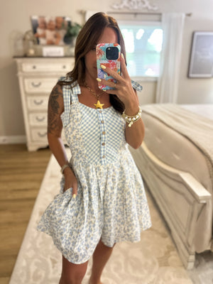 Kara Floral Gingham Tie Shoulder Romper - Sky