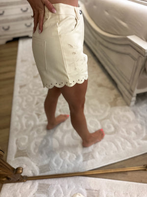 Francie Eyelet Embroidered Scallop Shorts - Beige