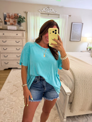 Milo Washed Ribbed Short Boat Neck Tee - Turquoise