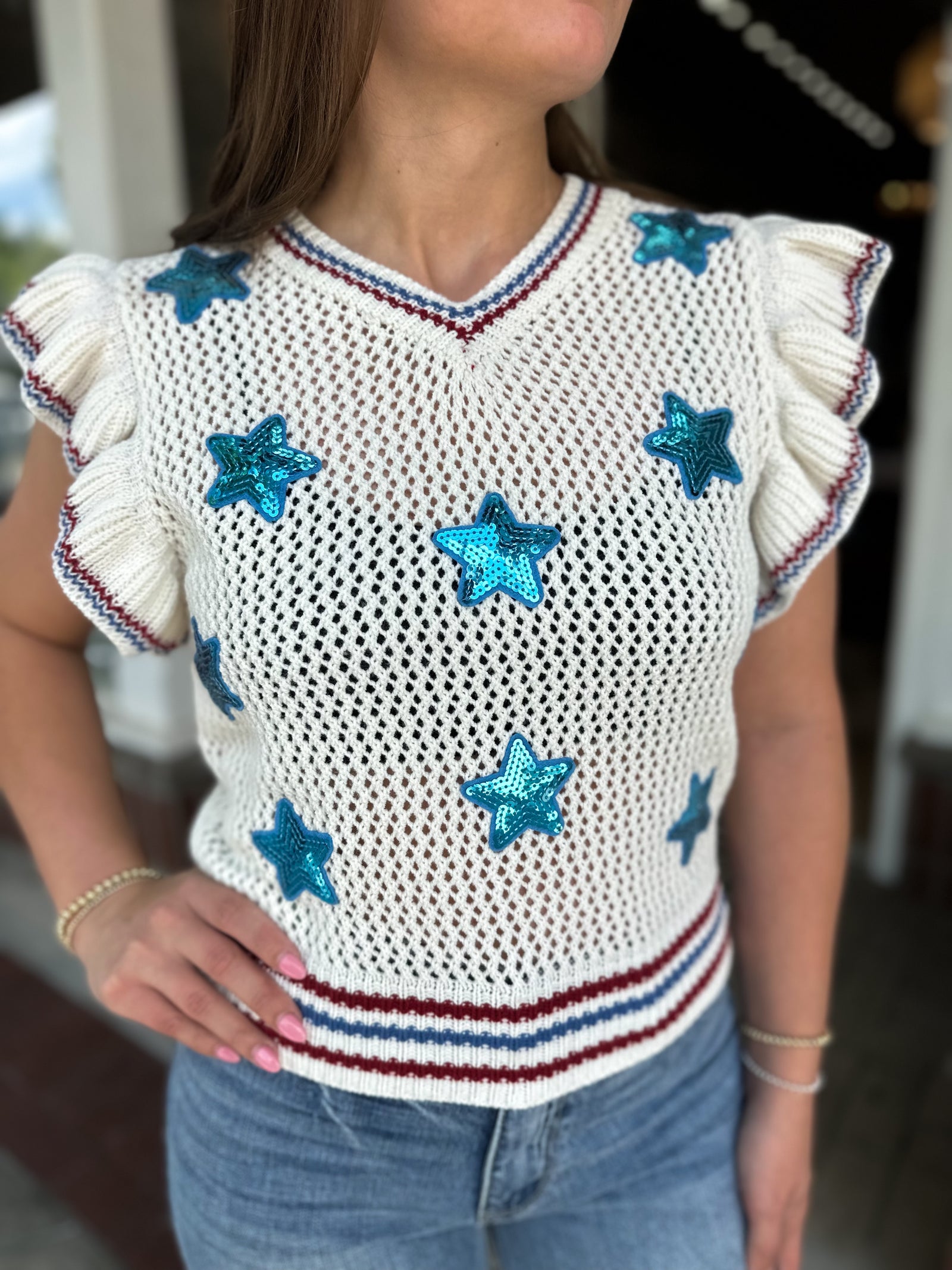 Seeing Stars Sequin Patch Knit Top