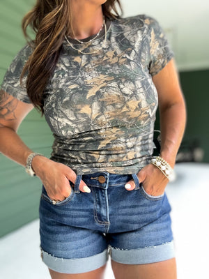 Nola Dark Woodland Camo Jersey Baby Tee