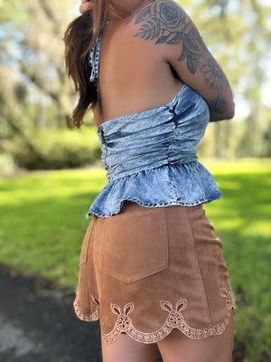 Level Up Suede Eyelet Shorts - Camel