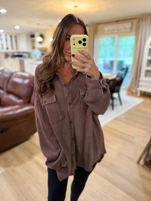 Sandi Stonewashed Oversized Knit Shacket - Brown