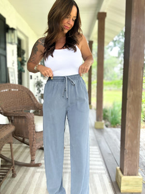 Brittani Tencel Wide Legged Linen Pants- Denim