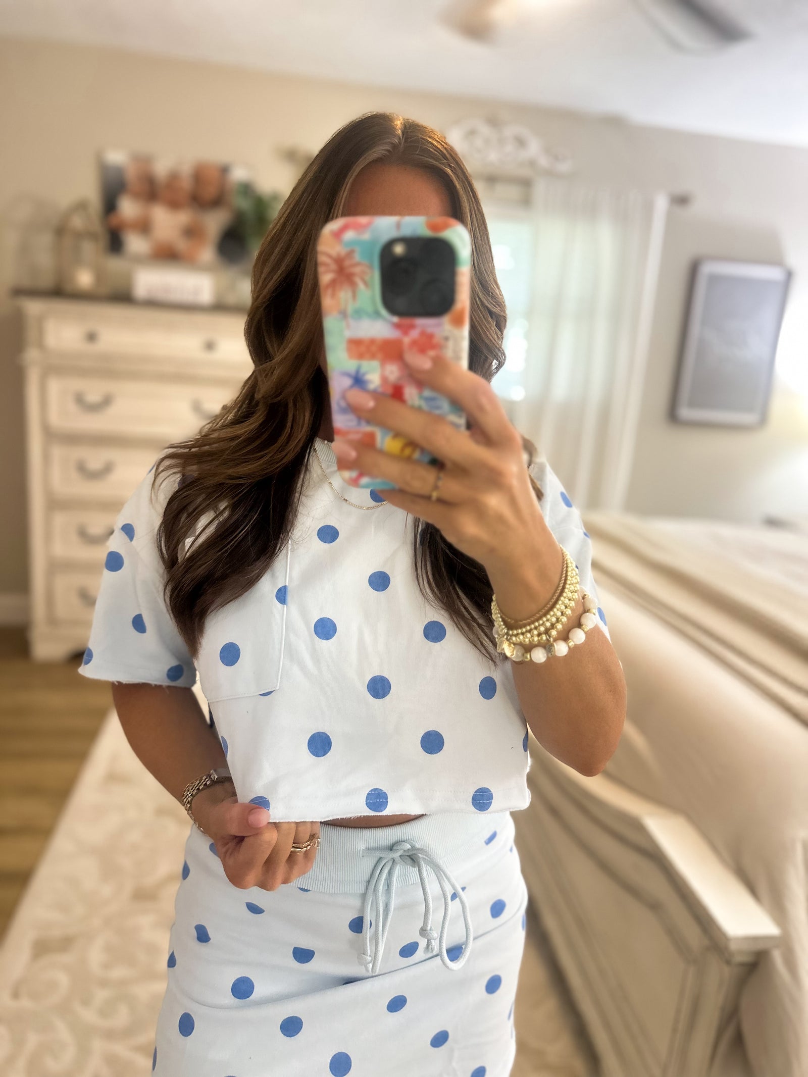 Pretty In Polka Dots Cropped Terry Cloth Top - Blue