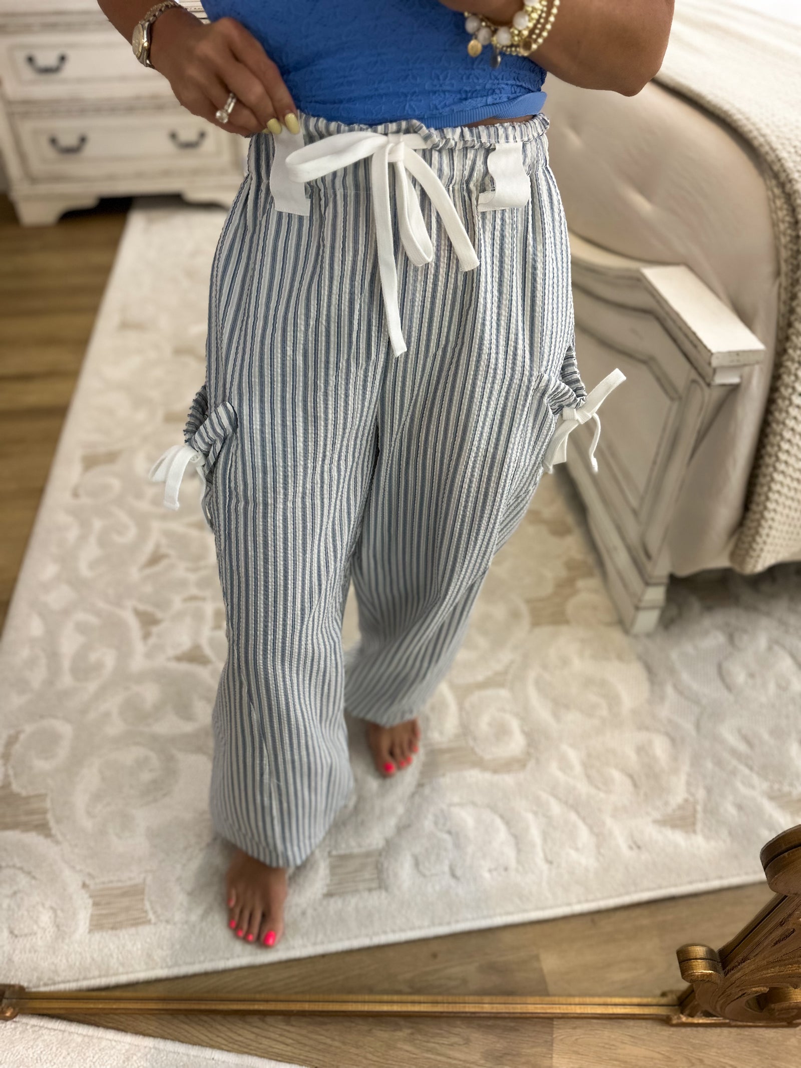 Brittan Striped Textured Pants - Denim/White