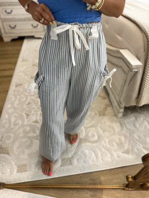 Brittan Striped Textured Pants - Denim/White