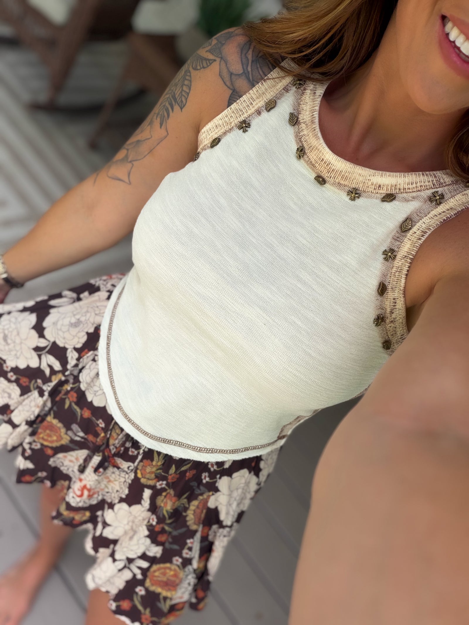 Delilah Round Neck Studded Knit Tank - Cream
