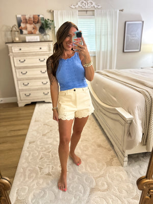 Francie Eyelet Embroidered Scallop Shorts - Beige