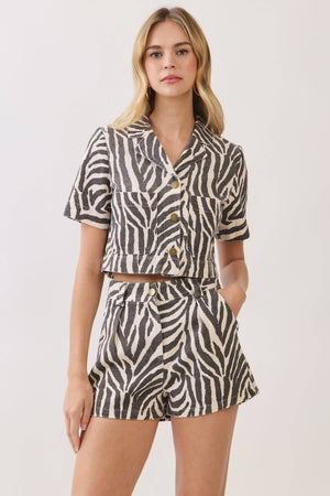 Malani Zebra Print Front Patch Pockets Cropped Shirt