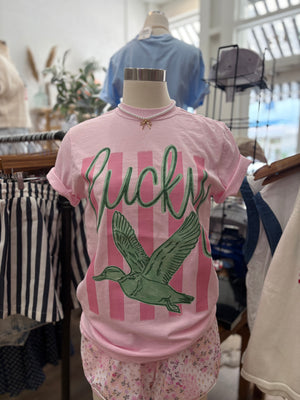 Pink Lucky Duck Striped Comfort Colors Tee