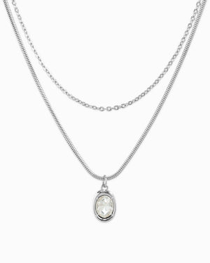 Layered Glass Stone Oval Necklace - Silver