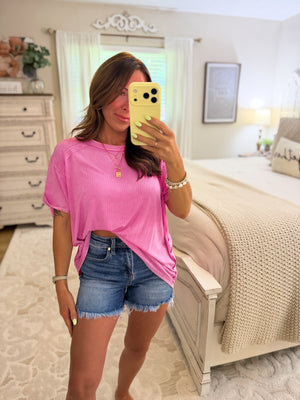 Milo Washed Ribbed Short Boat Neck Tee - Candy Pink