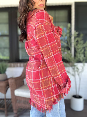 Lana Button Up Flannel Top- Red