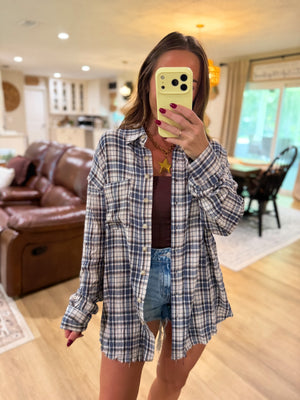 Sterling Plaid Collared Button Down Distressed Top - Blue