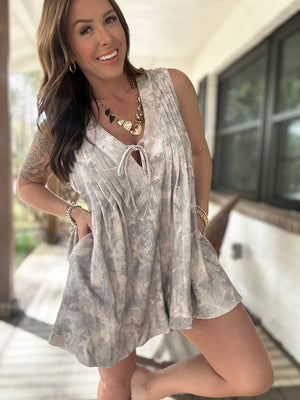 Amelia French Terry Pleated Romper - Woodsy Camo