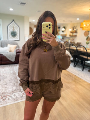 Willow Round Neck Lace Trimmed Crewneck - Brown