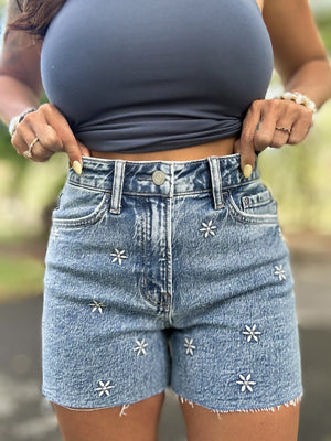 Melanie Super High Rise Daisy Embroidered Shorts