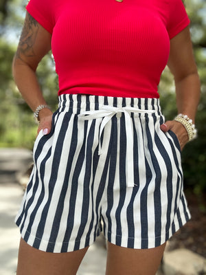 Ella Stripe Twill Denim Shorts - Navy