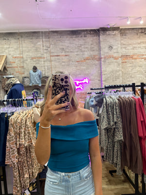 Kai Off Shoulder Knit Crop Top - Teal