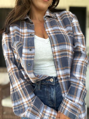 Lana Button Up Flannel Top- Navy