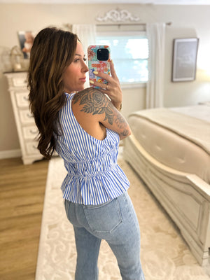 Claire Striped Ruffle Tank - Bright Blue