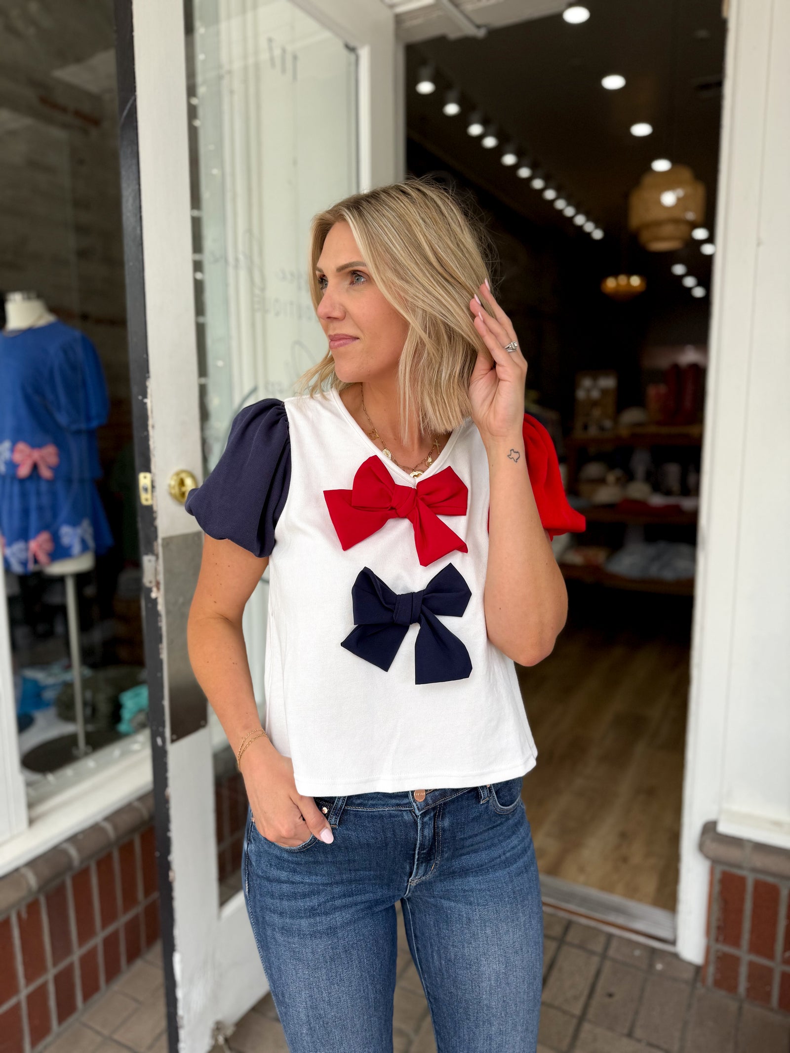 Little Miss USA Puff Sleeve Bow Detail Top