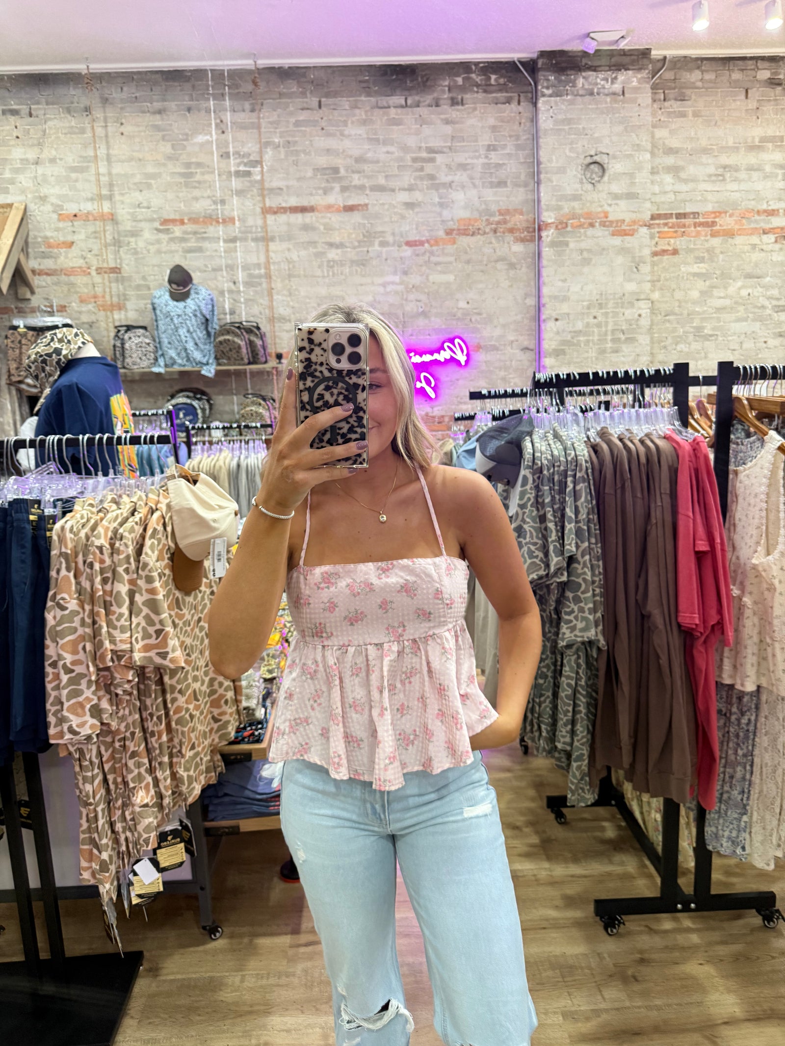 Leigha Floral Seersucker Babydoll Top - Pink