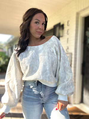 Audrina Off Shoulder Camo Sweater Top