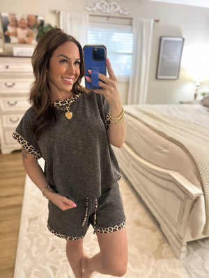 Hailey Leopard Trim Round Neck Top - Charcoal
