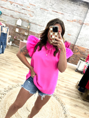 Can't Break It To My Heart Ruffle Sleeve Top - Hot Pink