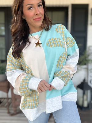 Drue Flower Patch Long Sleeve Sweater - Aqua