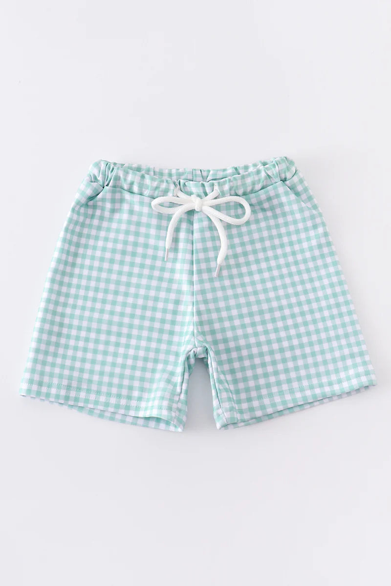 Sage Plaid Drawstring Boy Swimming Trunks