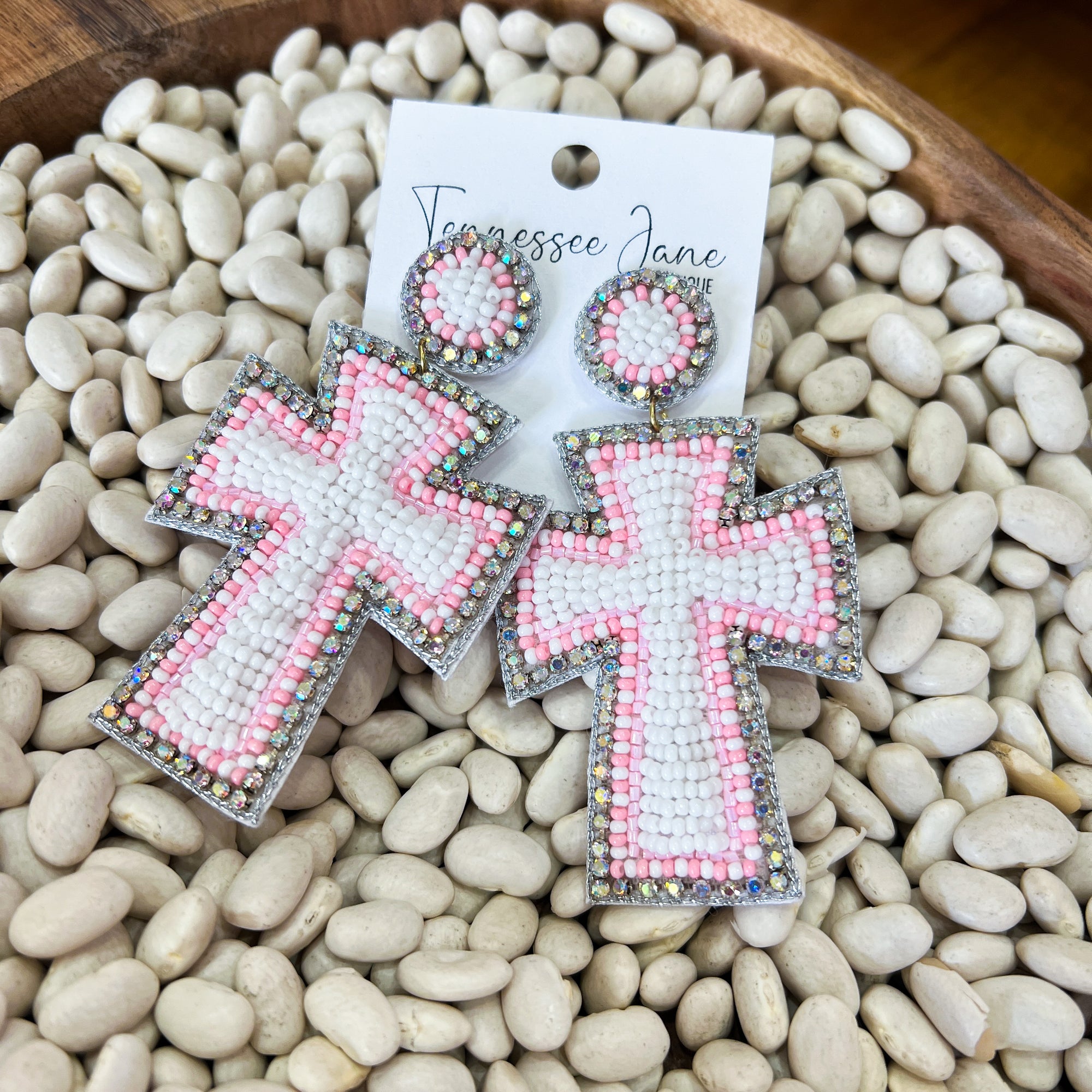 White & Pink Beaded Cross Earrings