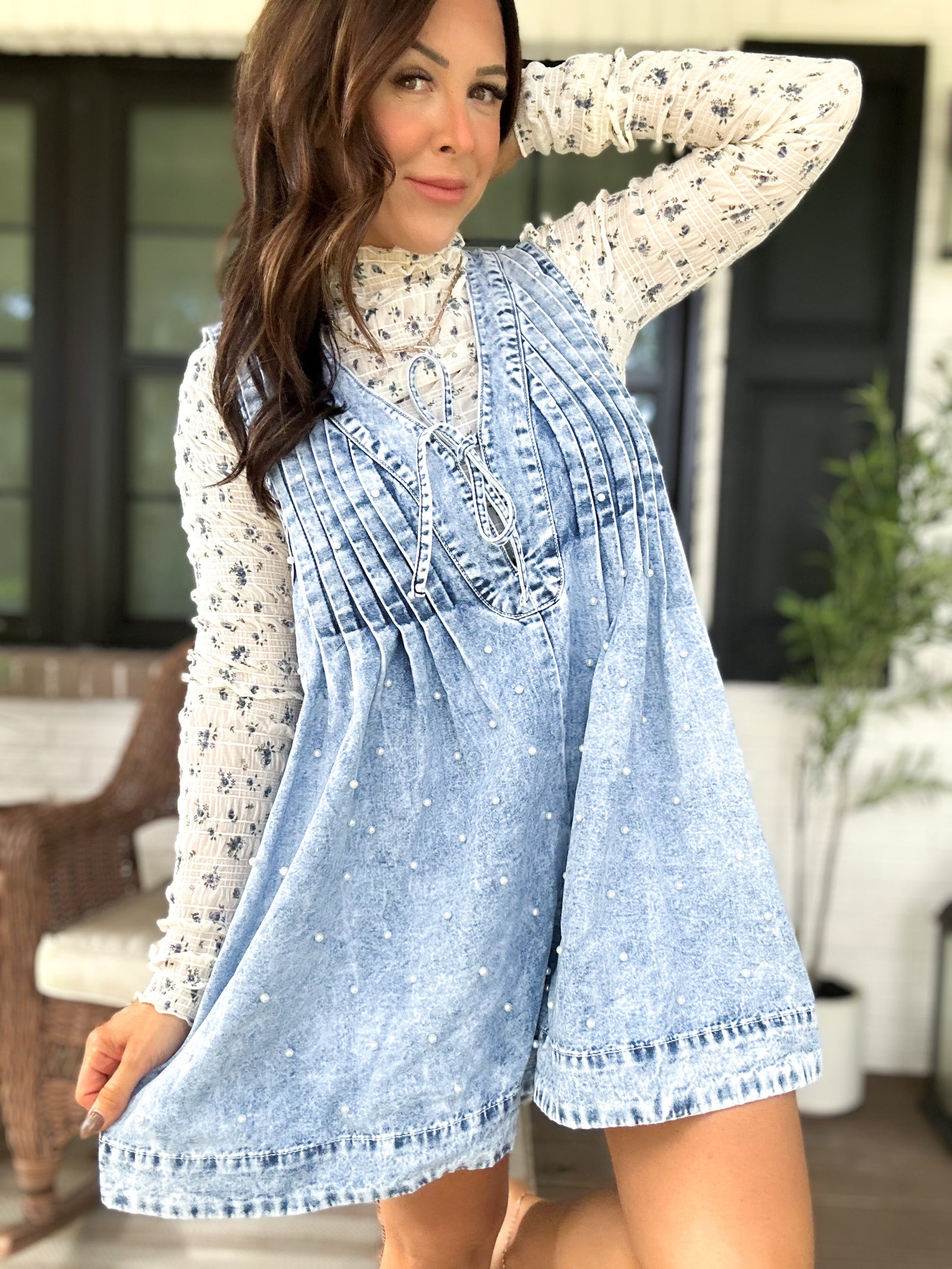 Alyssa Denim Pearl Romper - Denim - QUICK PREORDER