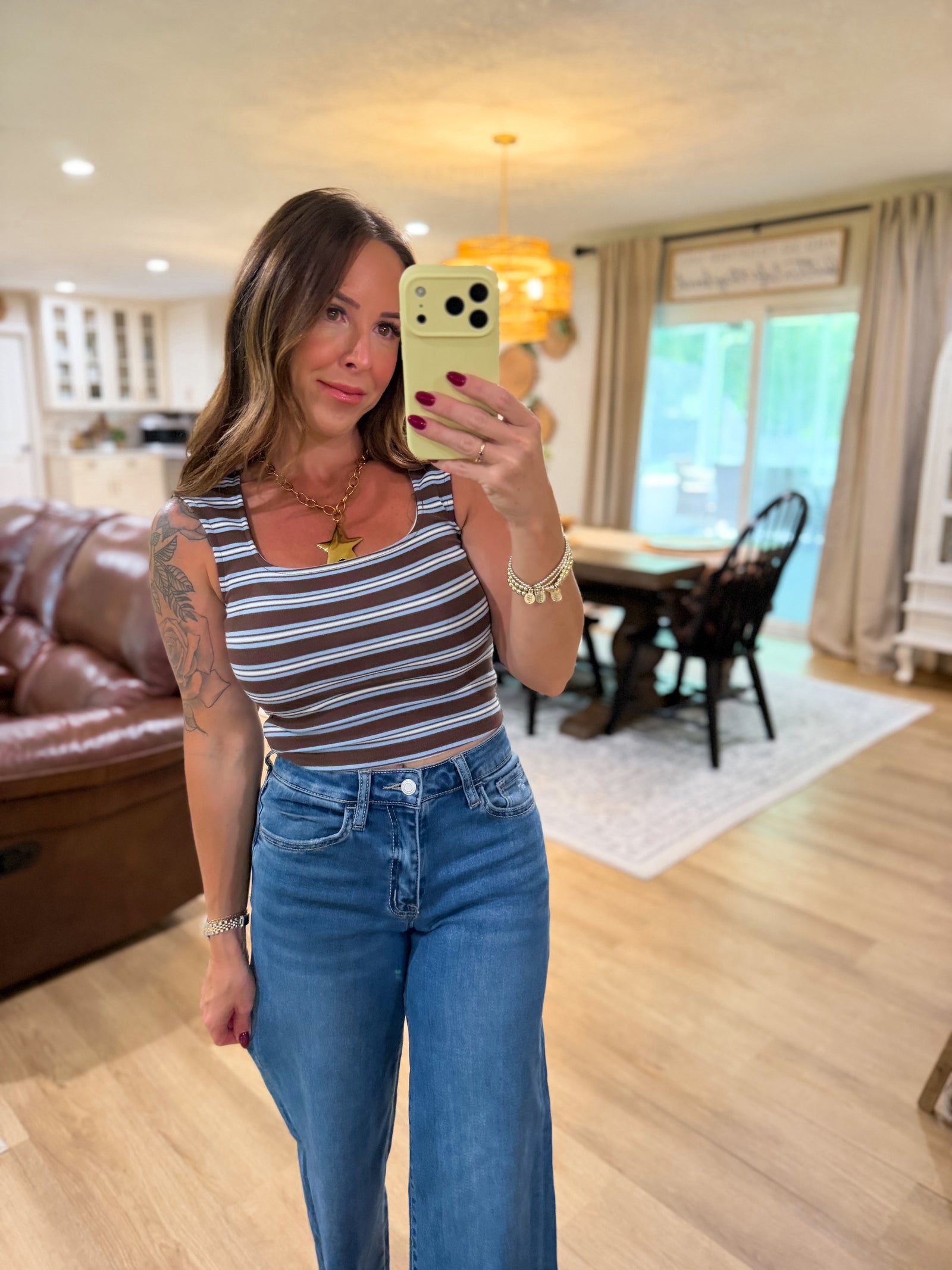 Randi Striped Square Neck Crop Top - Brown