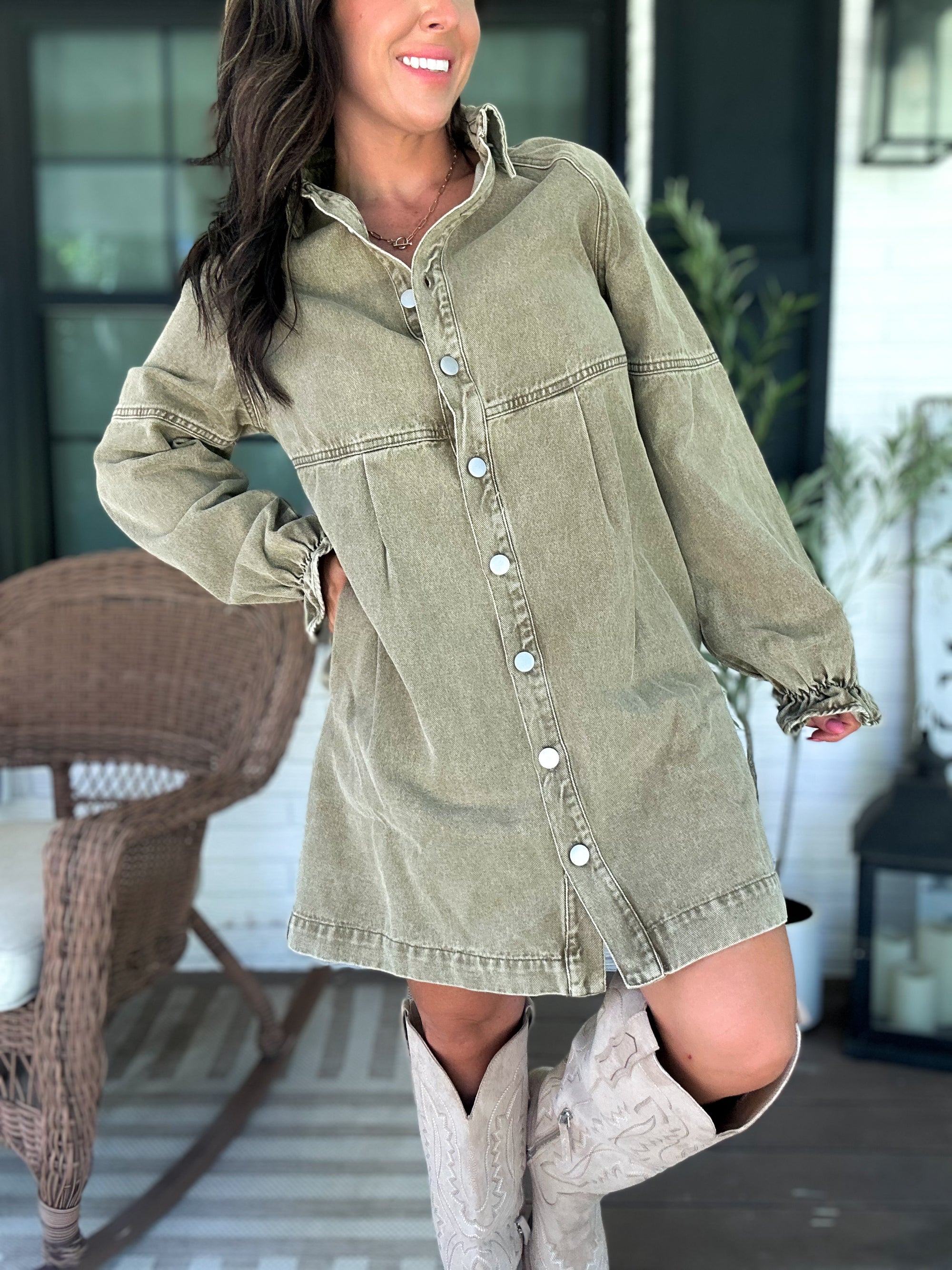 Millie Denim Button Down Dress - Olive