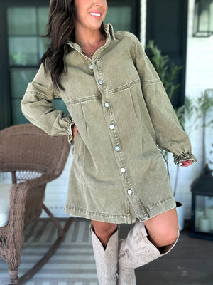 Millie Denim Button Down Dress - Olive
