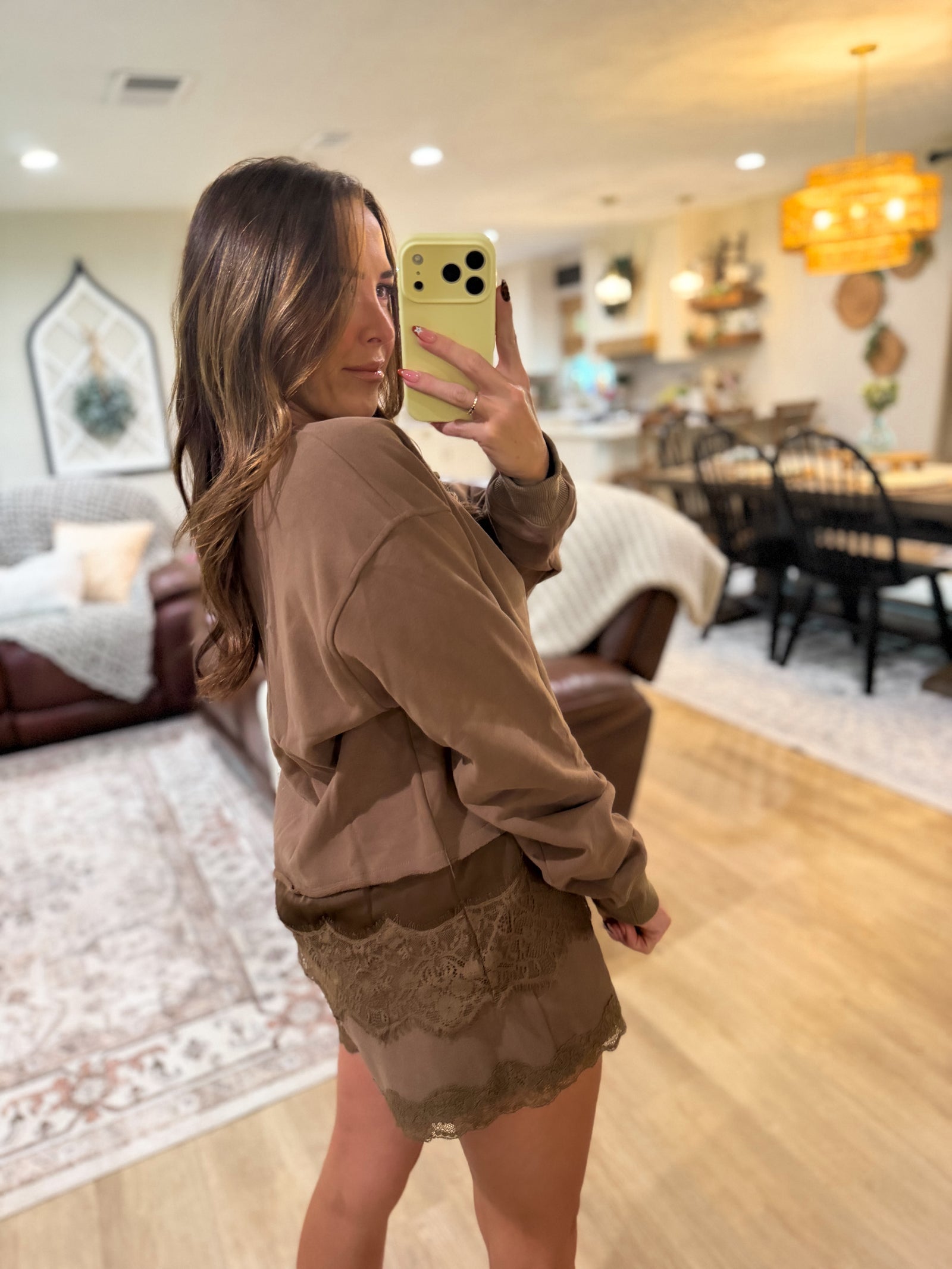 Willow Round Neck Lace Trimmed Crewneck - Brown
