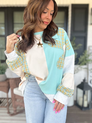 Drue Flower Patch Long Sleeve Sweater - Aqua