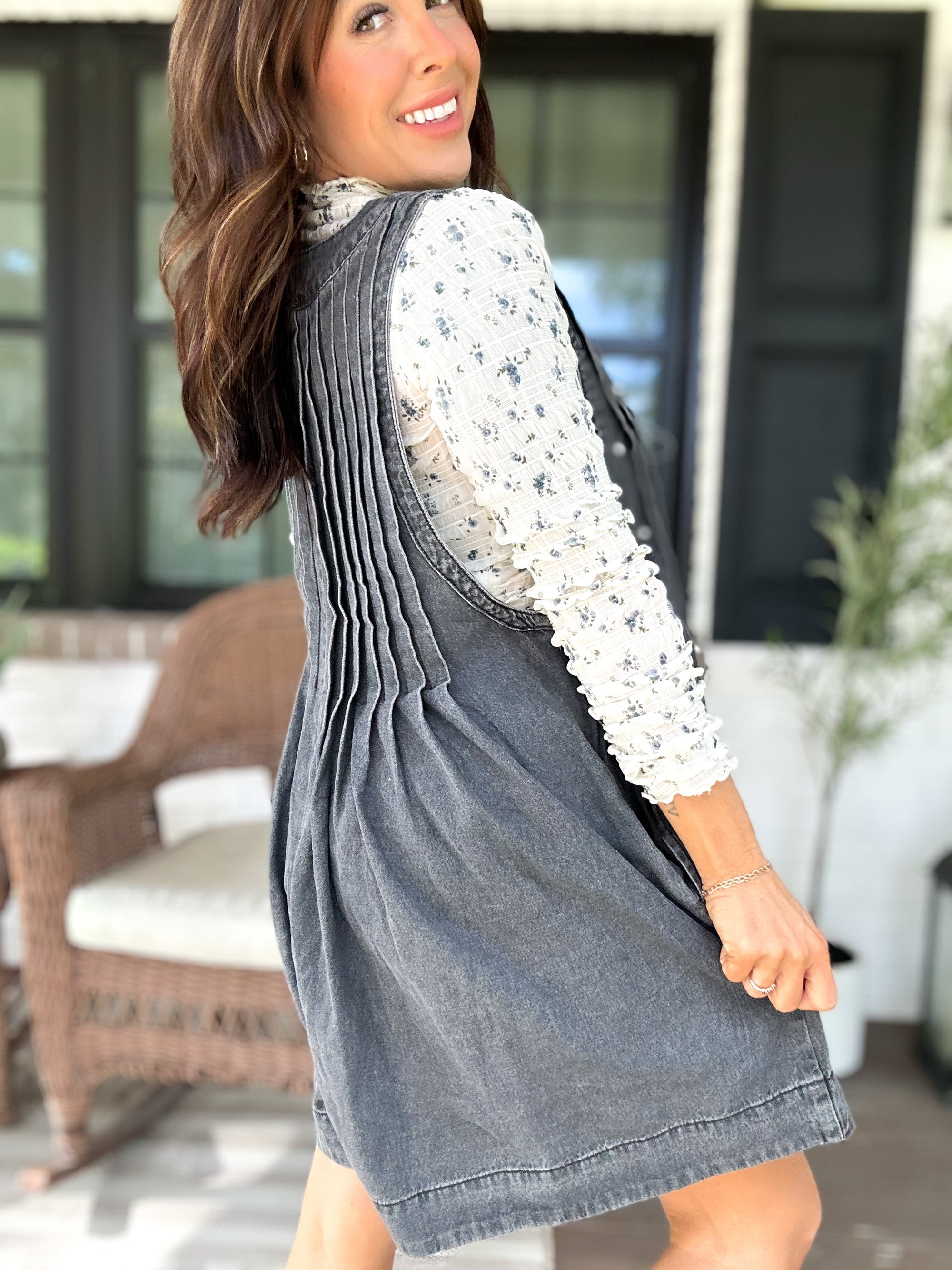 Alyssa Denim Pearl Romper- Denim Black - Tennessee Jane