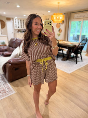 Nikki Striped Knit Shorts - Brown/Lime