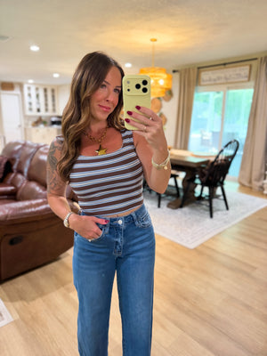 Randi Striped Square Neck Crop Top - Brown