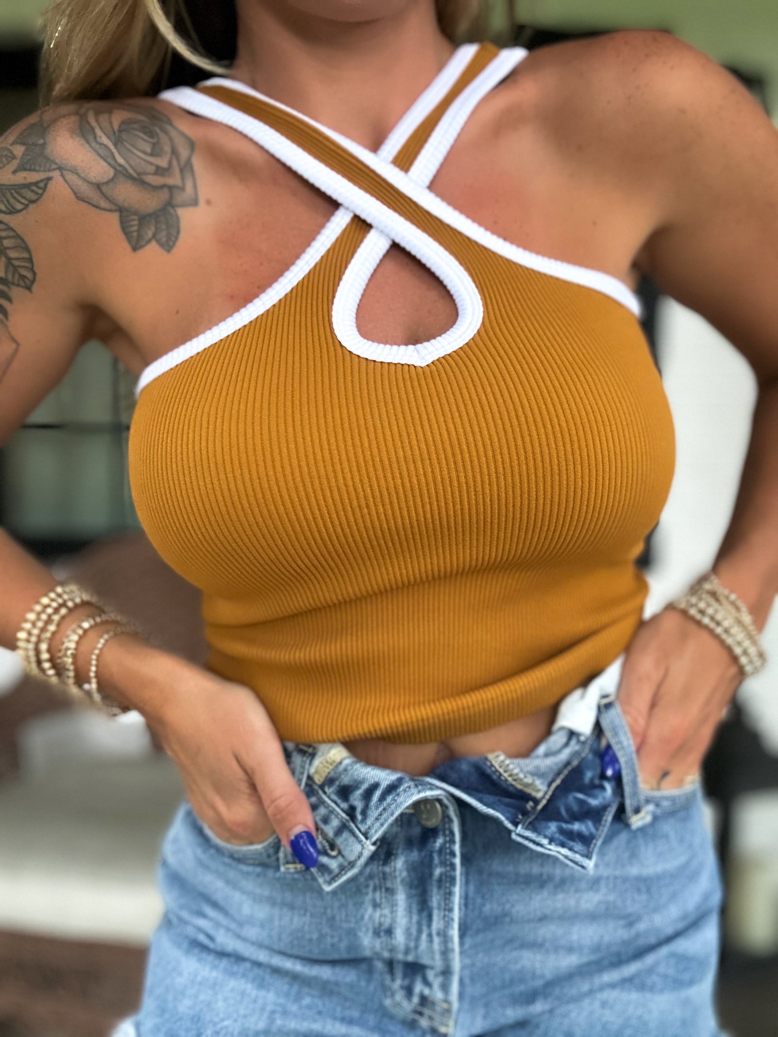 Heart For You Criss Cross Ribbed Tank - Camel