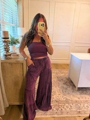 Mason Mineral Washed Tiered Wide Leg Pants - Eggplant
