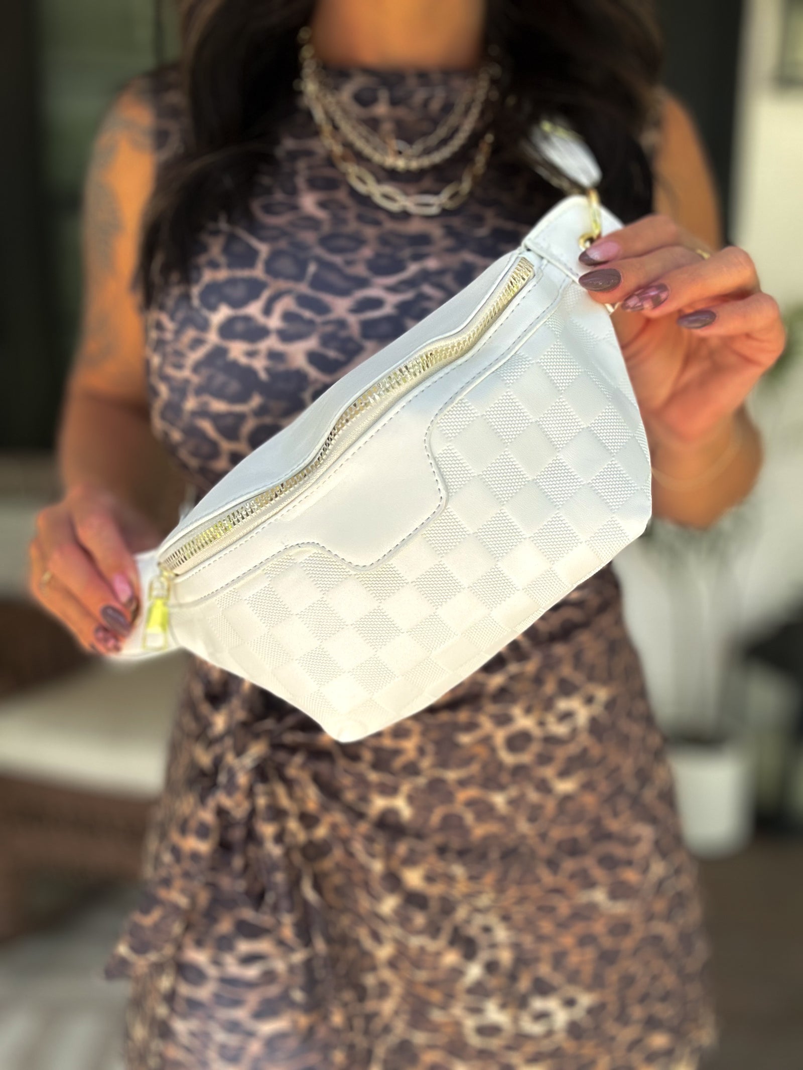 Checkered Cross Body Bum Bag - Ivory